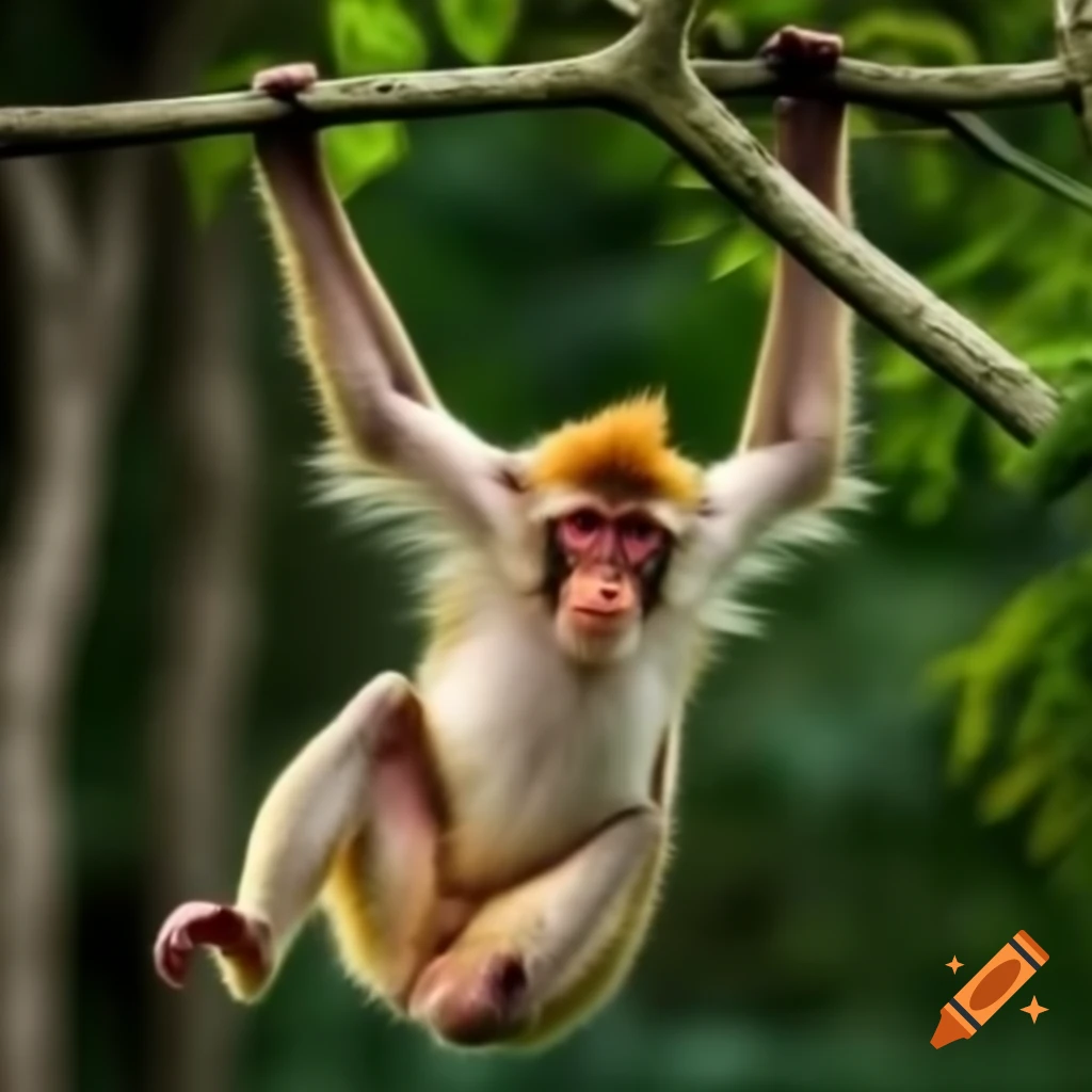 Monkey dancing while hanging from a tree