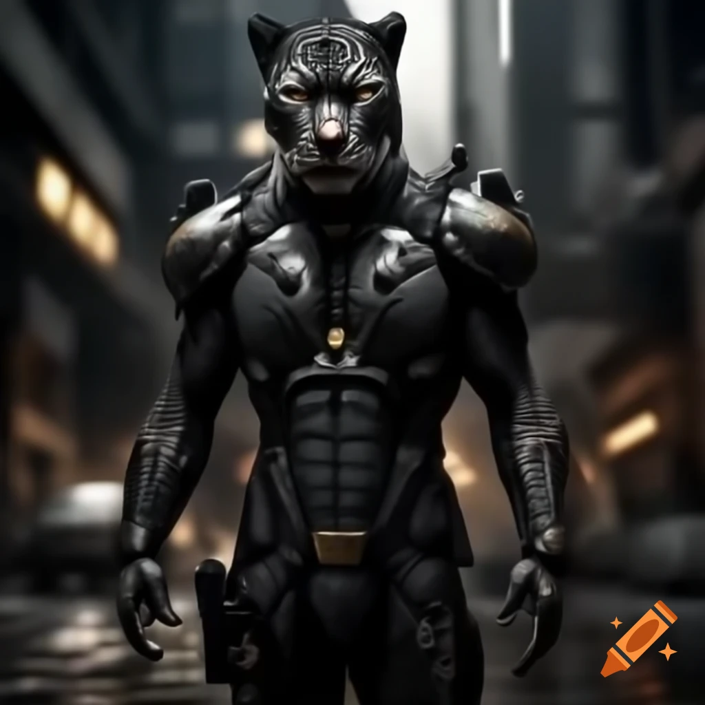 Hybrid male Arabian human and black leopard in military combat suit