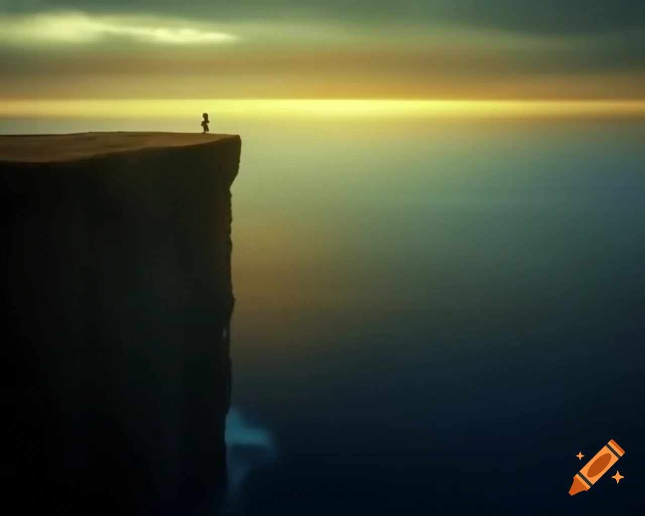 Lone figure silhouetted against golden hues of ocean at sunset on rugged cliff