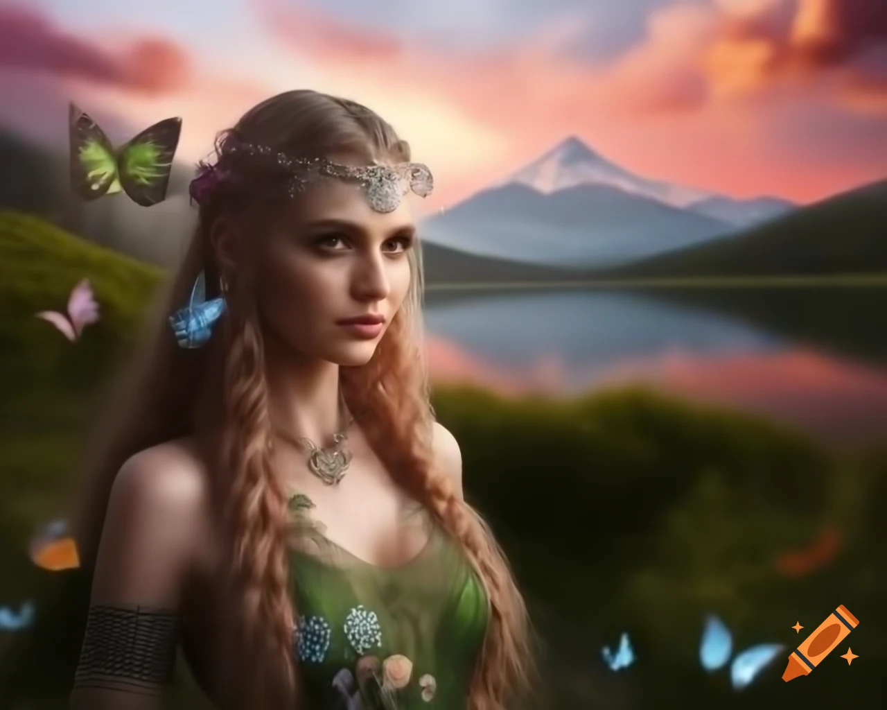 Hyperrealistic render of mystical Norse Celtic woman with flowers and butterflies in hair