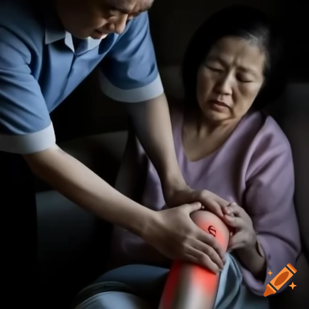 Chinese man comforting mother with leg injury