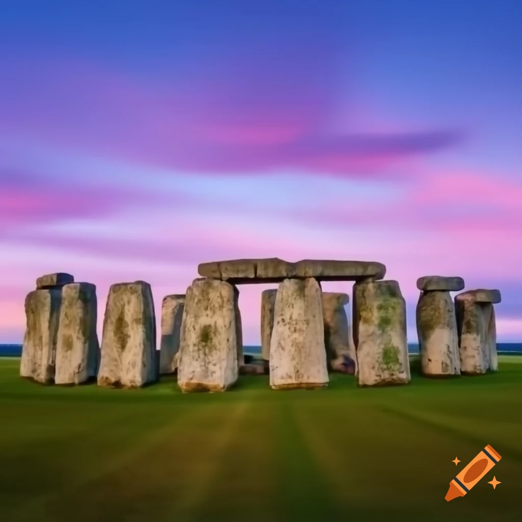 Stonehenge in the distance with a purple sunset