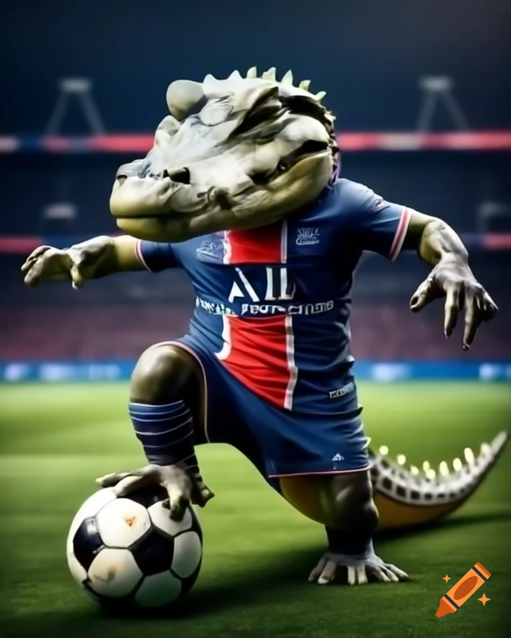 Crocodile in Paris Saint Germain jersey playing soccer at Parc des Princes