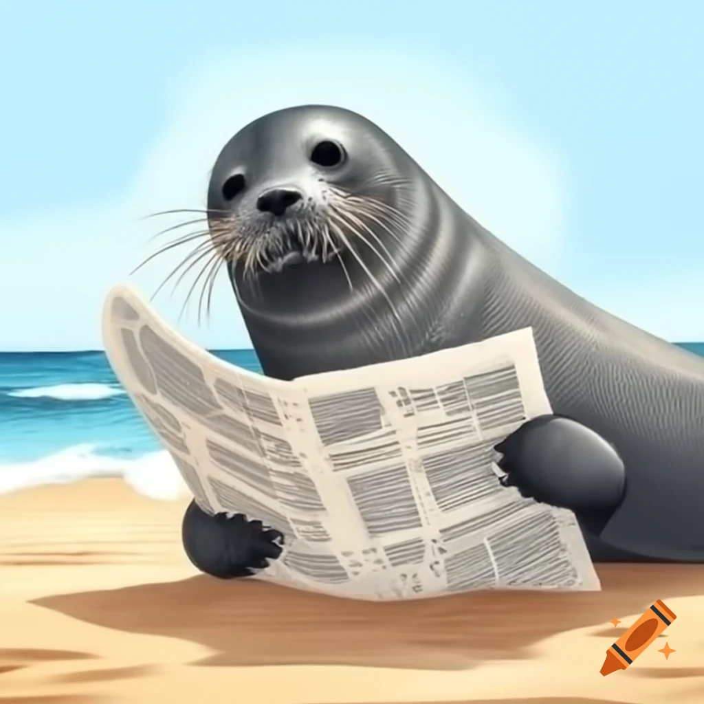 Seal reading a newspaper on the beach