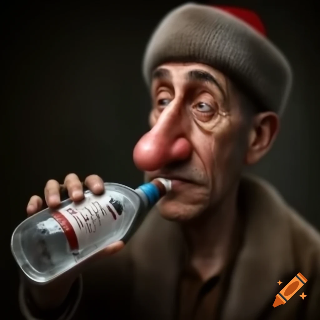 Caricature of Russian in fur hat dancing with vodka bottle