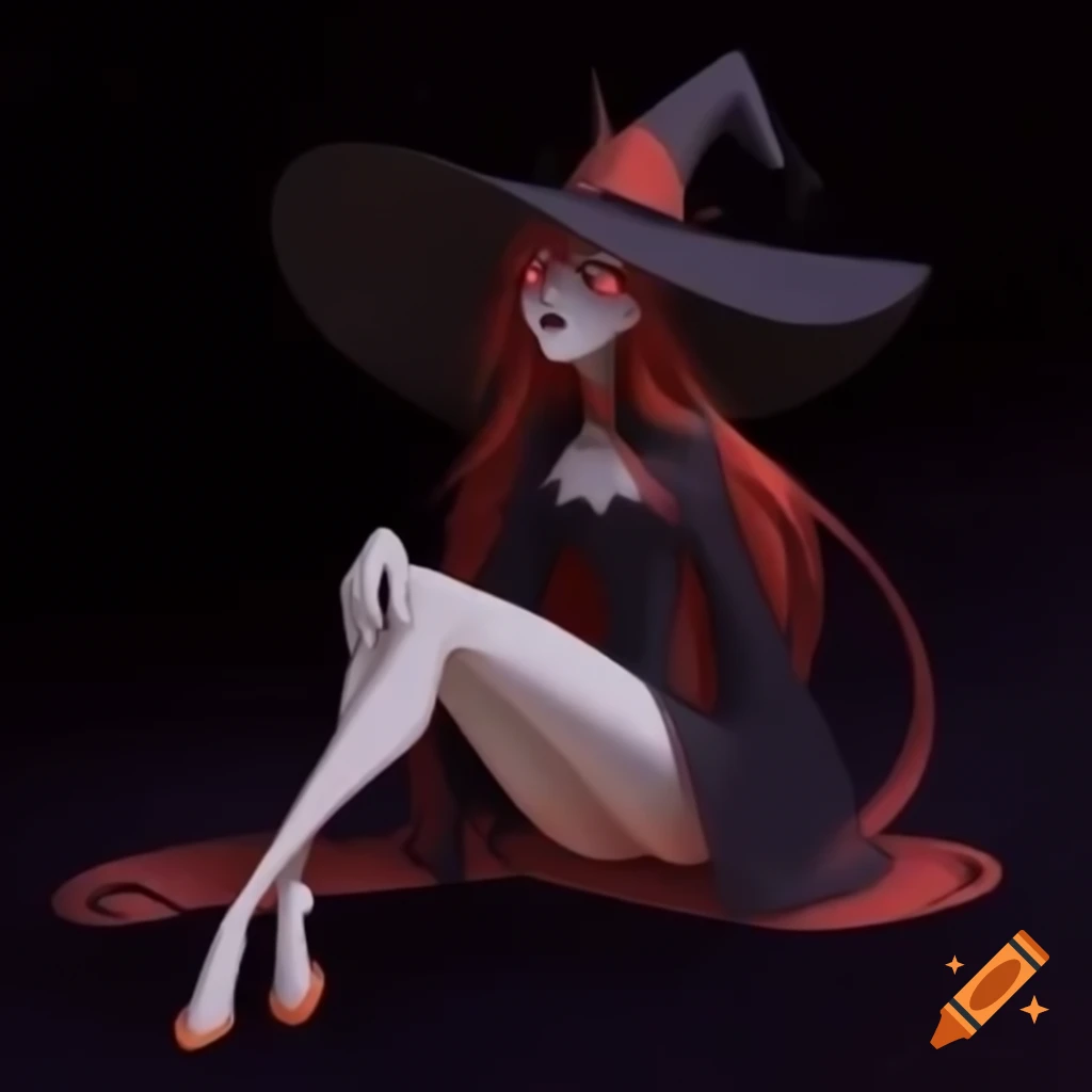 Demonic anime witch with giant hat sitting cross-legged