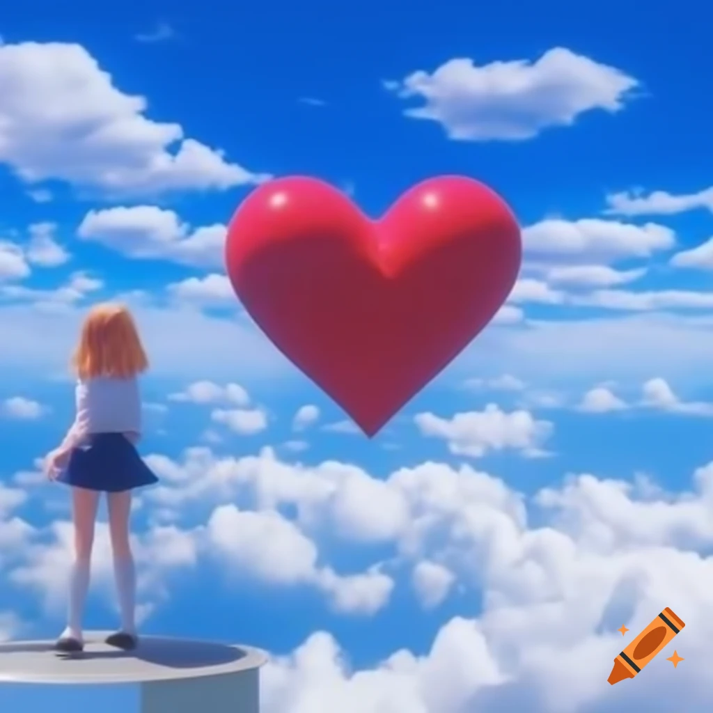 Pop surreal photography featuring anime heart statue against bright sky