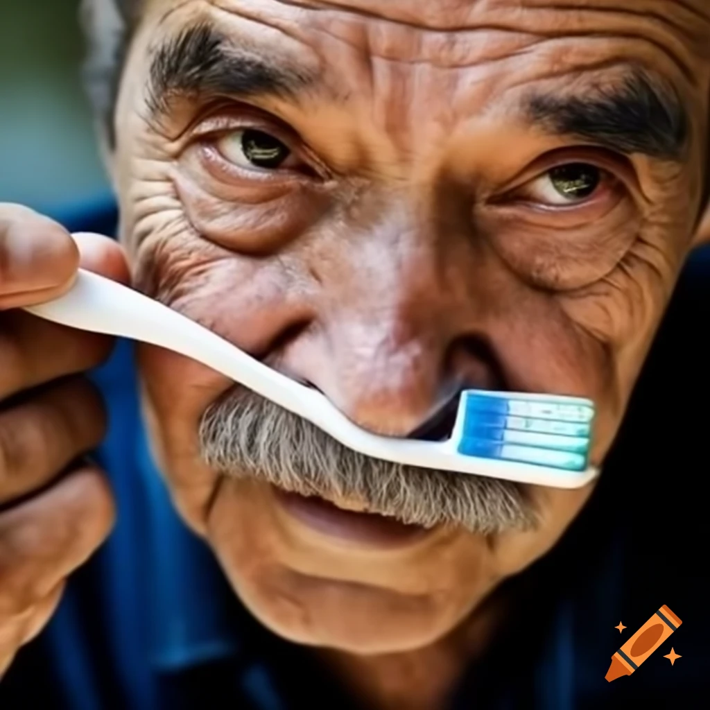 Close-up of elderly man humorously using toothbrush
