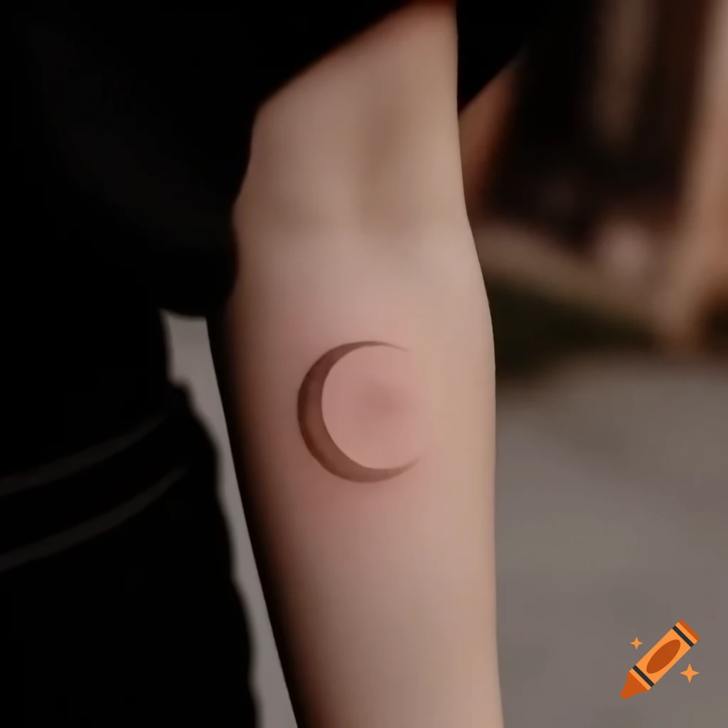 Delicate crescent moon tattoo on forearm of athletic woman