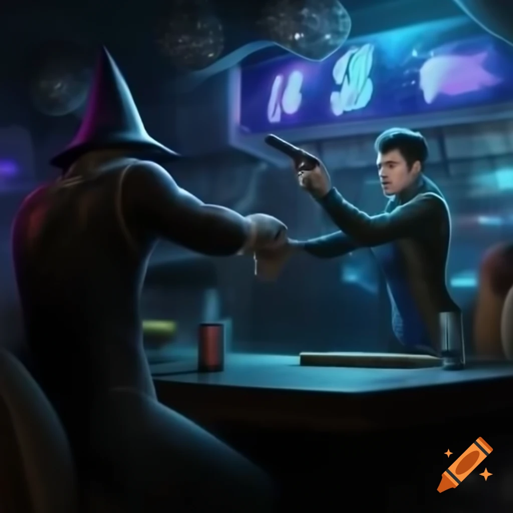 Wizard in cyberpunk bar with shots and gun at back of head