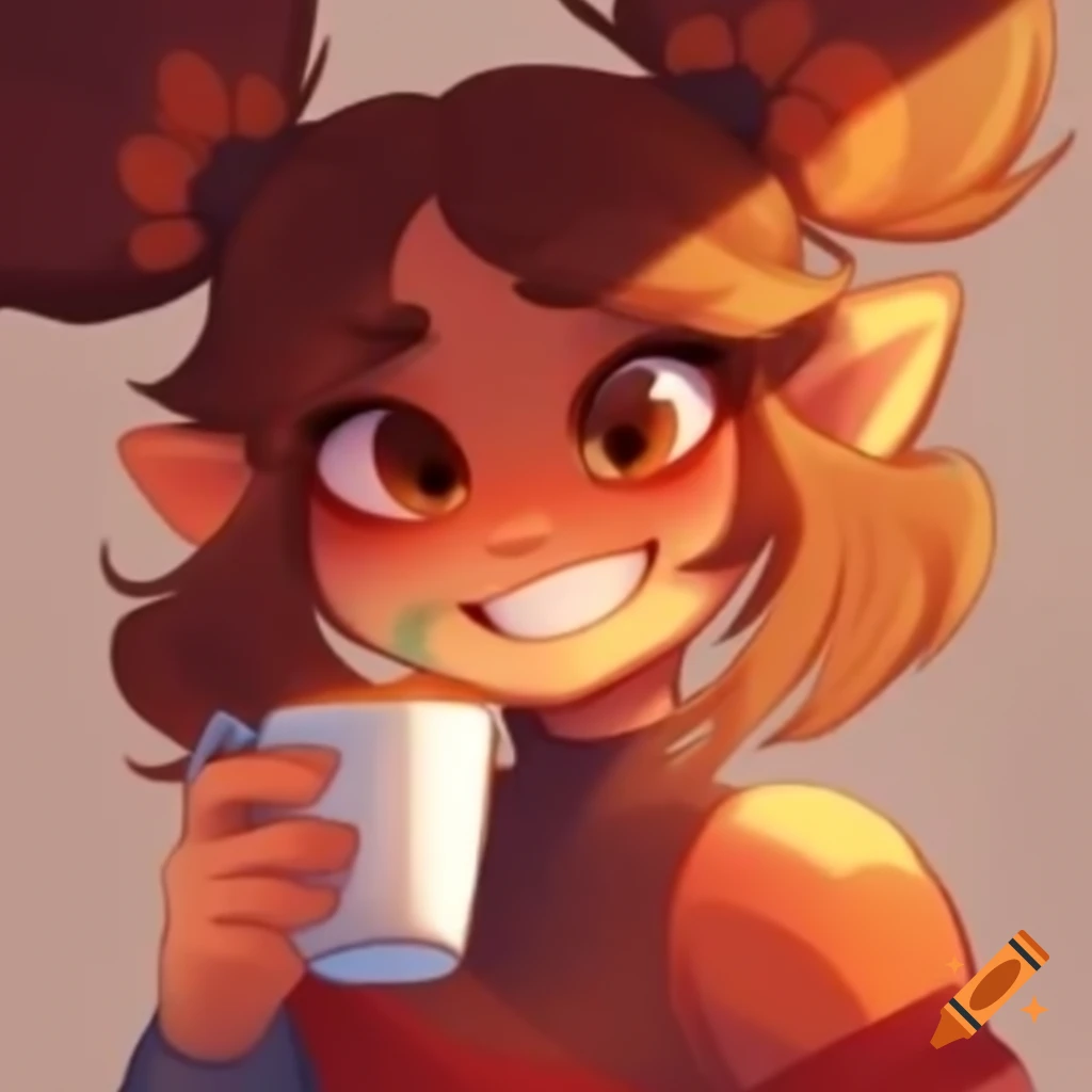 Chill character with oversized eyes enjoying coffee in warm, softly lit background