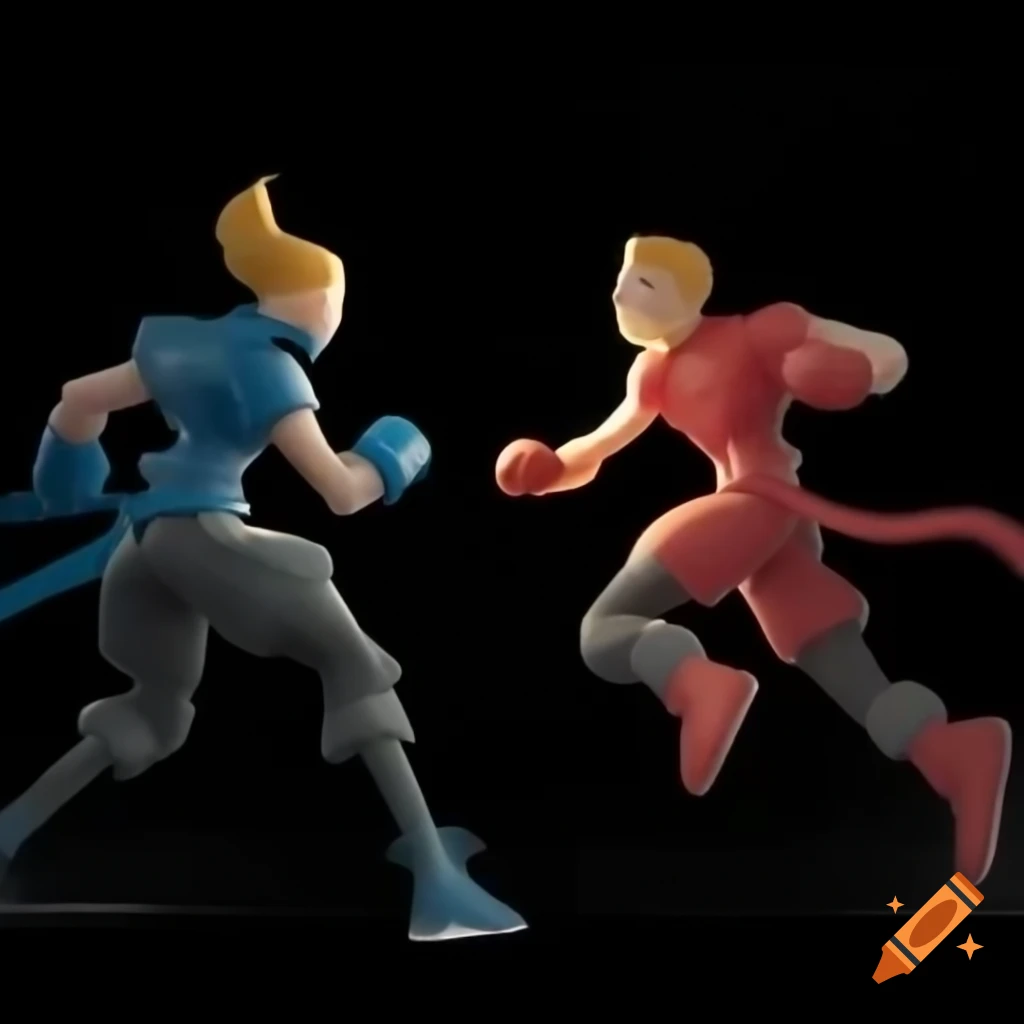 Two characters in fighting stance holding weapons