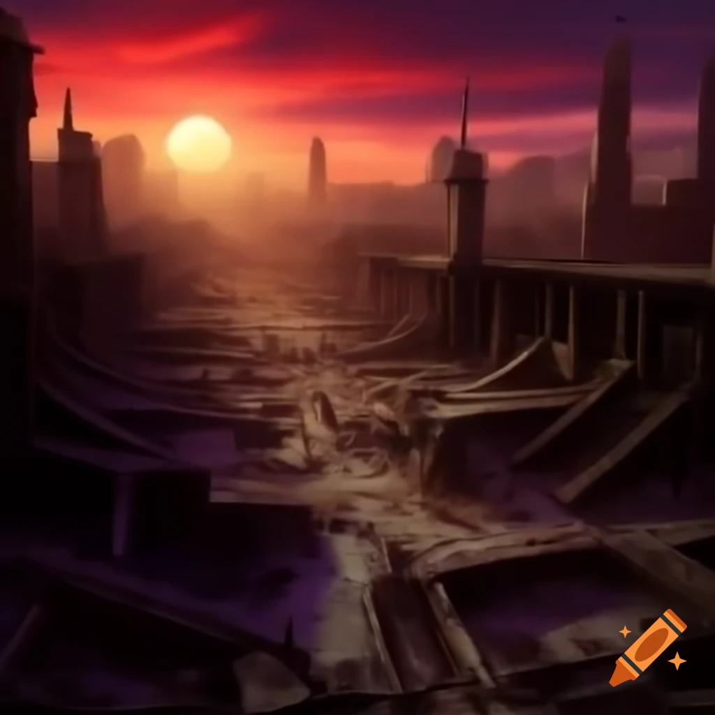 Neon ghosts haunting ruined Las Vegas cityscape under crimson sky