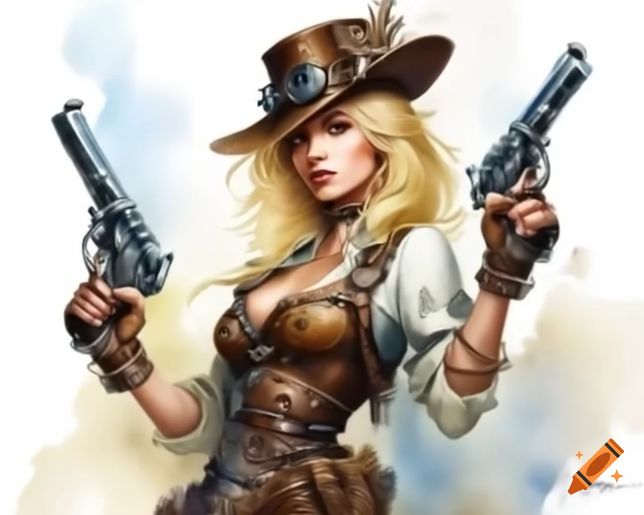 Sandy blonde female steampunk gunslinger with dual pistols