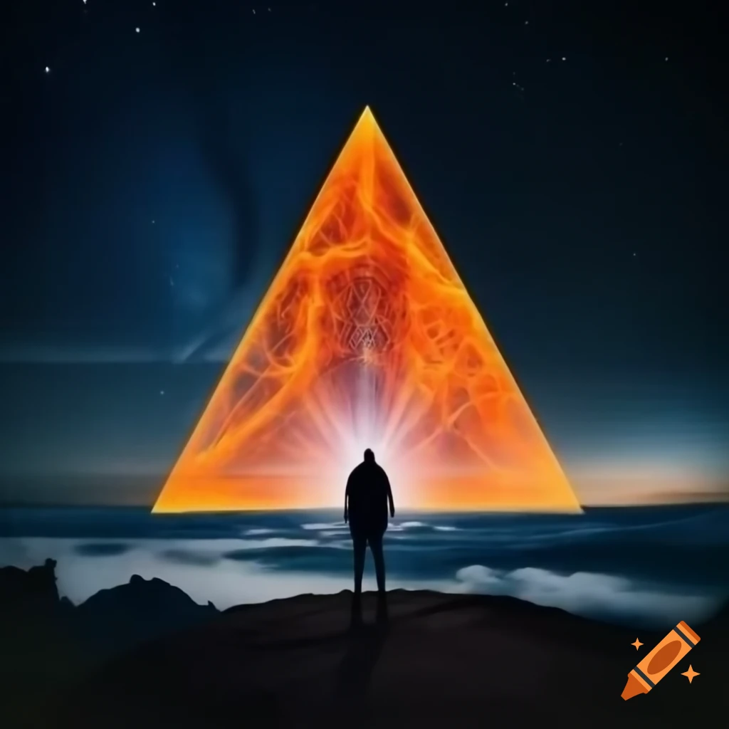 Silhouette of man at cliff facing orange plasma portal with starry night