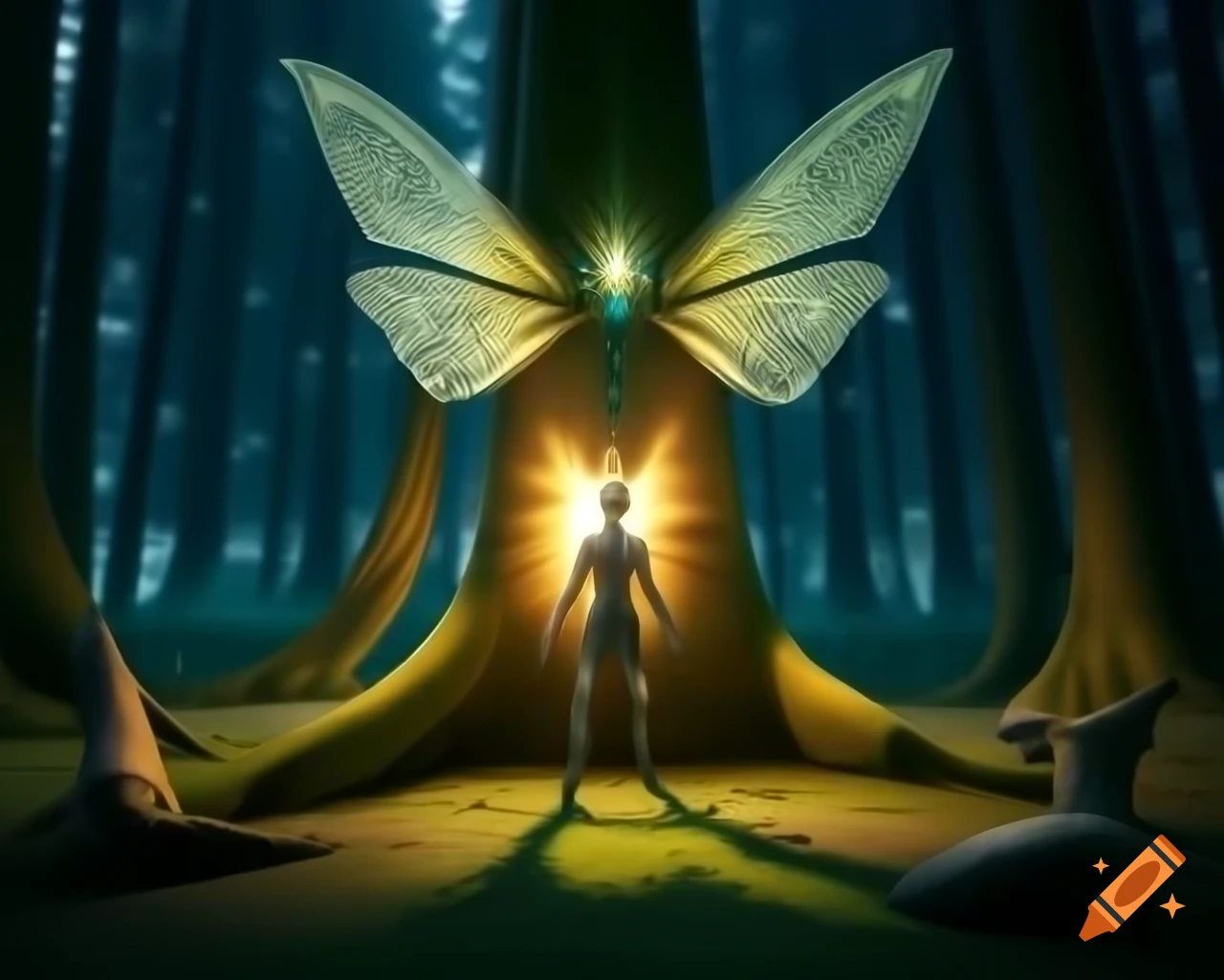 Photorealistic 3D render of a fairy standing by a tree in a forest