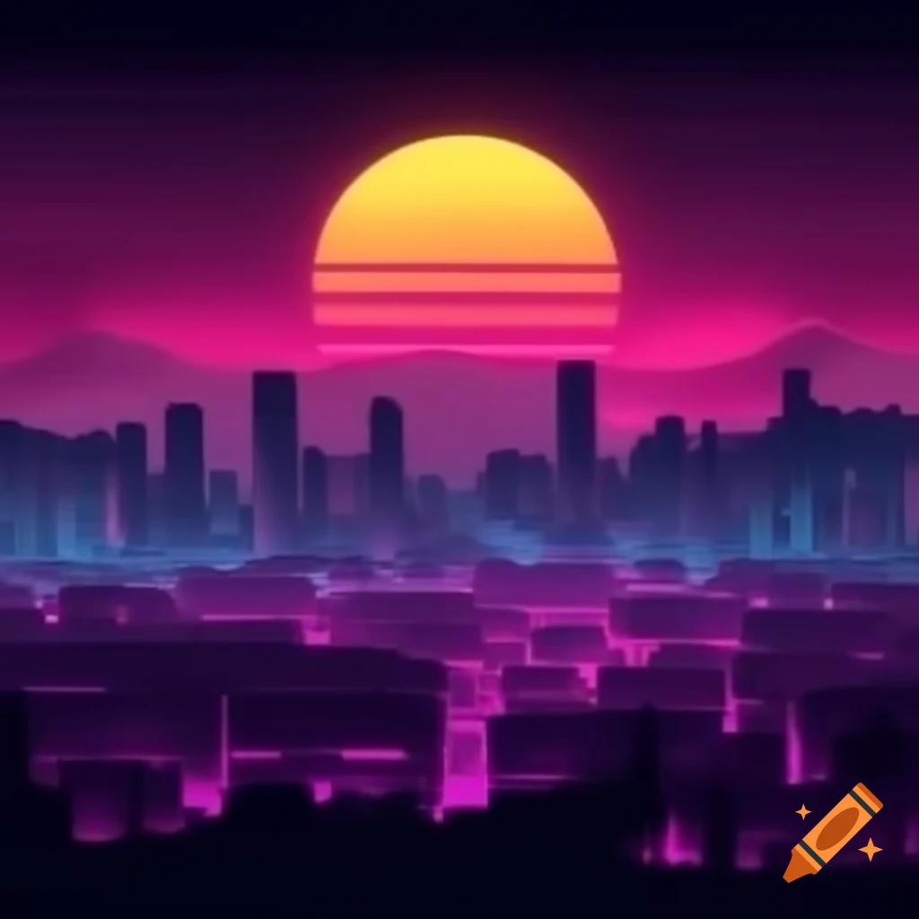 Synthwave city with vibrant sunset colors