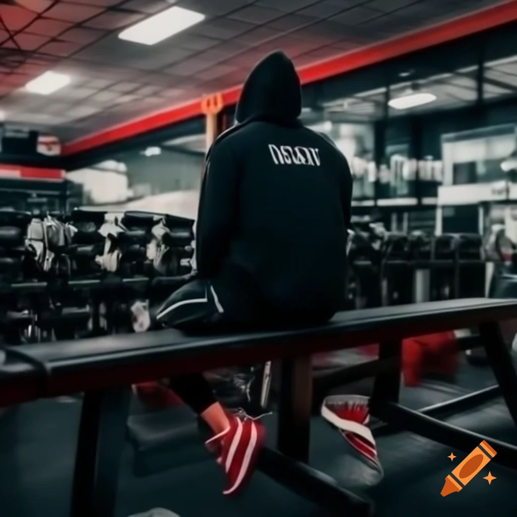 Person at gym looking at bench press while wearing a hoodie