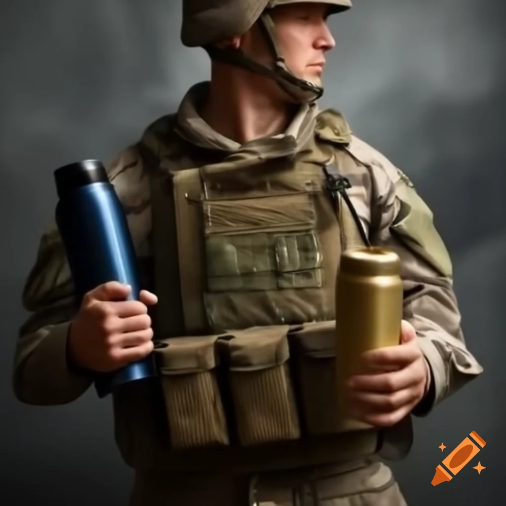 Soldier with thermos and additional hanging thermoses on his vest
