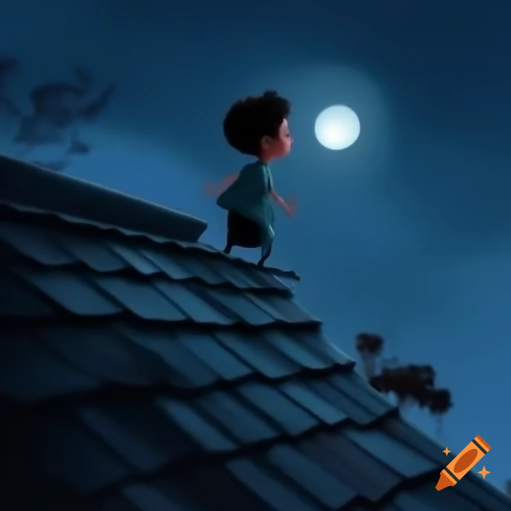 Child walking on a rooftop illuminated by moonlight