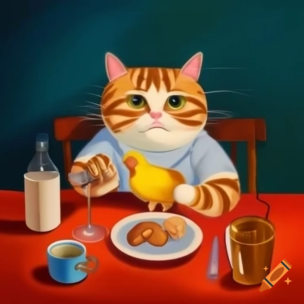 Fluffy cat eating chicken at table in colorful watercolor painting