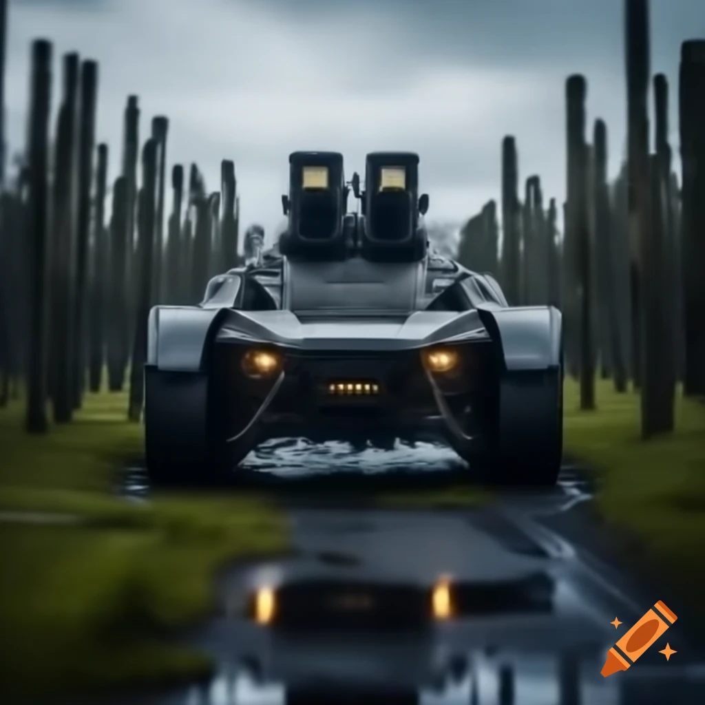 Futuristic nuclear-powered car with machine guns on damp road in marshy forest