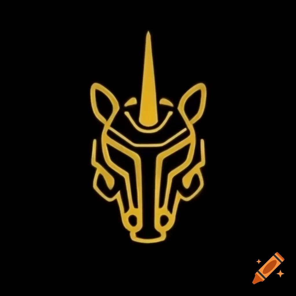 Minimalistic cyber golden unicorn mask logo on black background