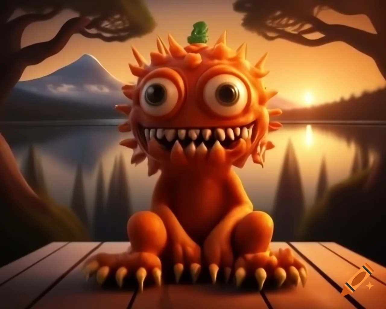 3D orange fruit tree monster with human face in forest setting