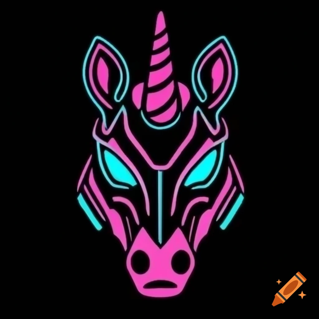Minimalist cyberpunk unicorn mask on black background