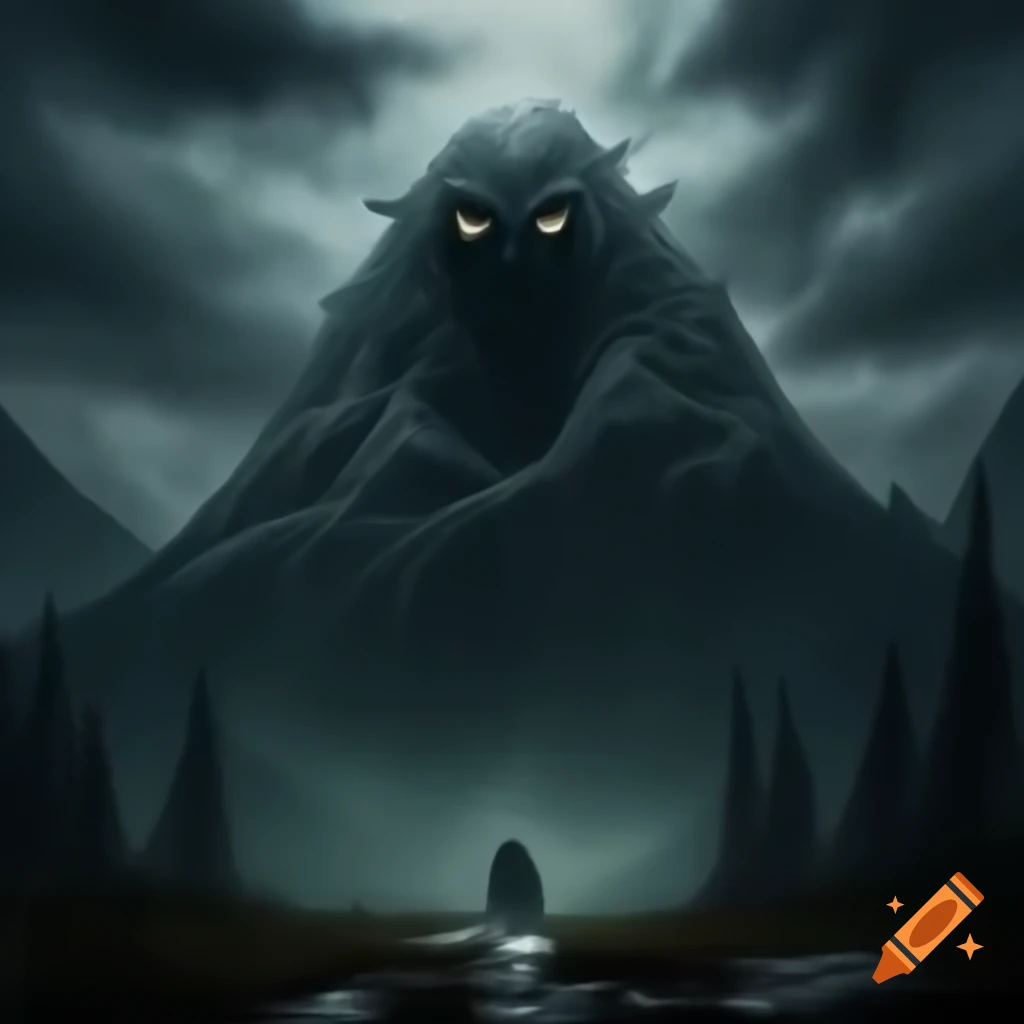Ghost monster on mountain in dark, rainy setting
