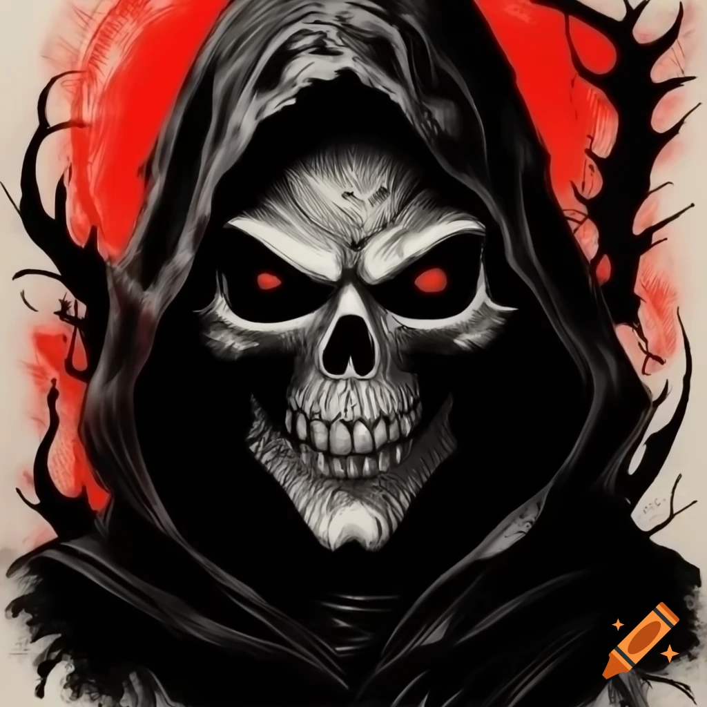 Evil reaper fantasy portrait in pen and ink with black and red stipple drawing