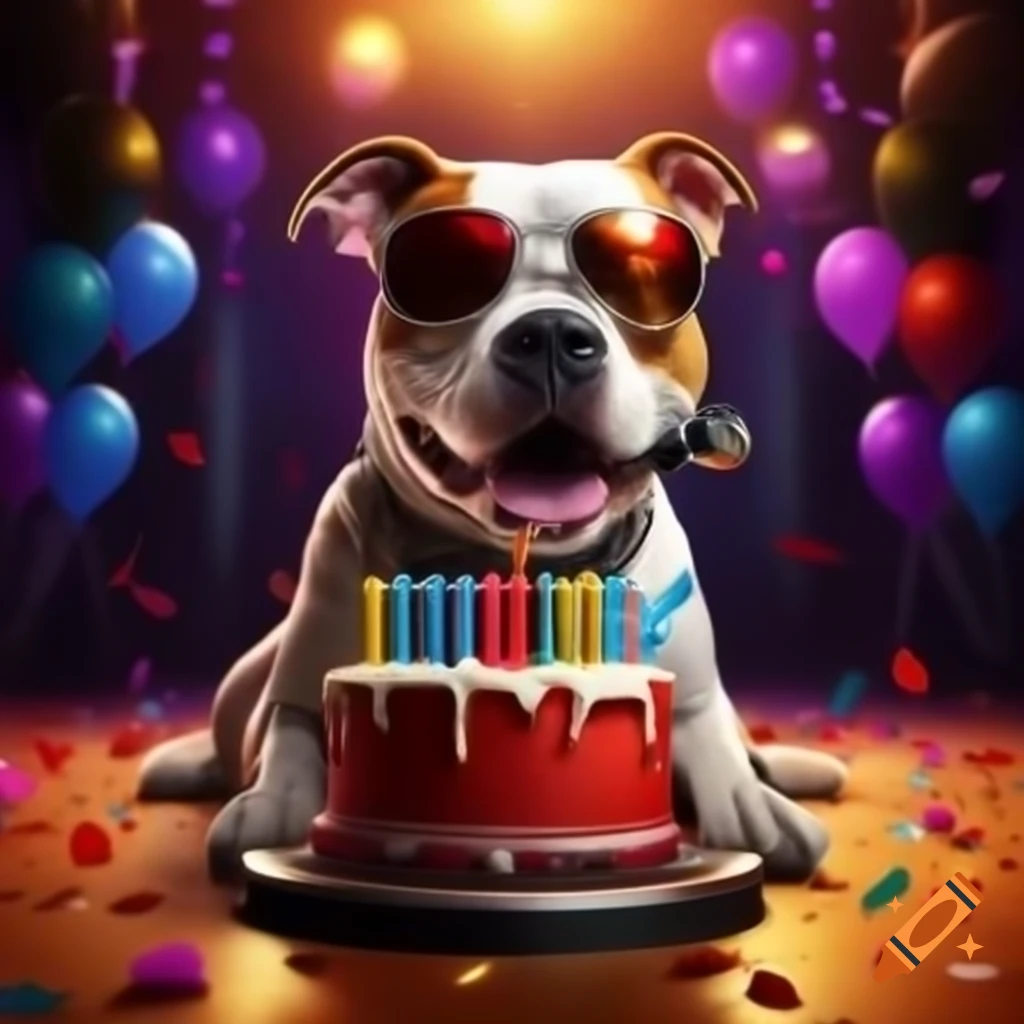 Smiling Pit Bull dog on a music tour stage with party hat and sunglasses