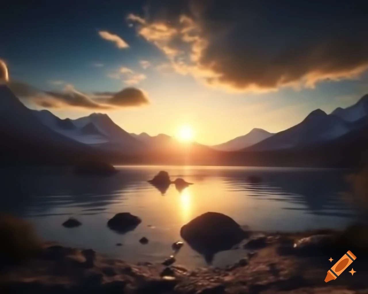 Photorealistic 3D render of mountain lake at sunset with sun rays and island