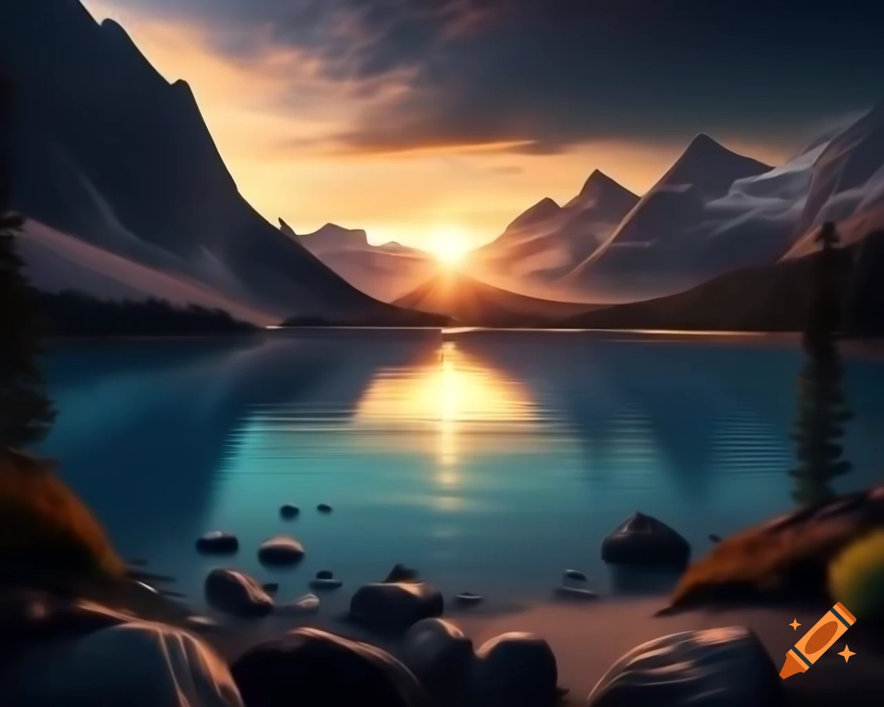 Photorealistic 3D render of mountain lake at sunset with sun rays and island