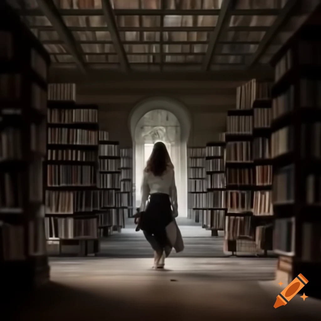 Woman in fur walking through old library, friendly demeanor