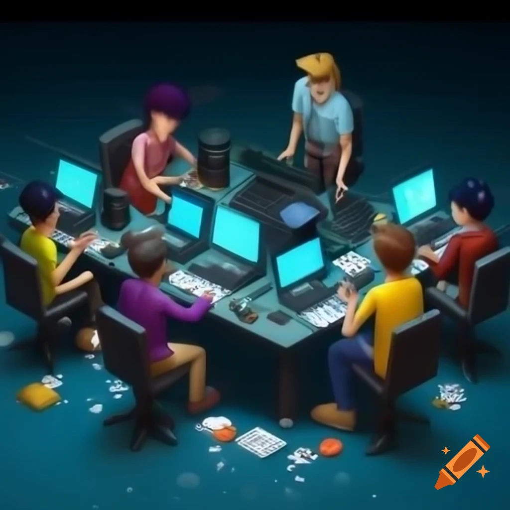 Tech enthusiasts working on computers and circuits, creating digital innovations