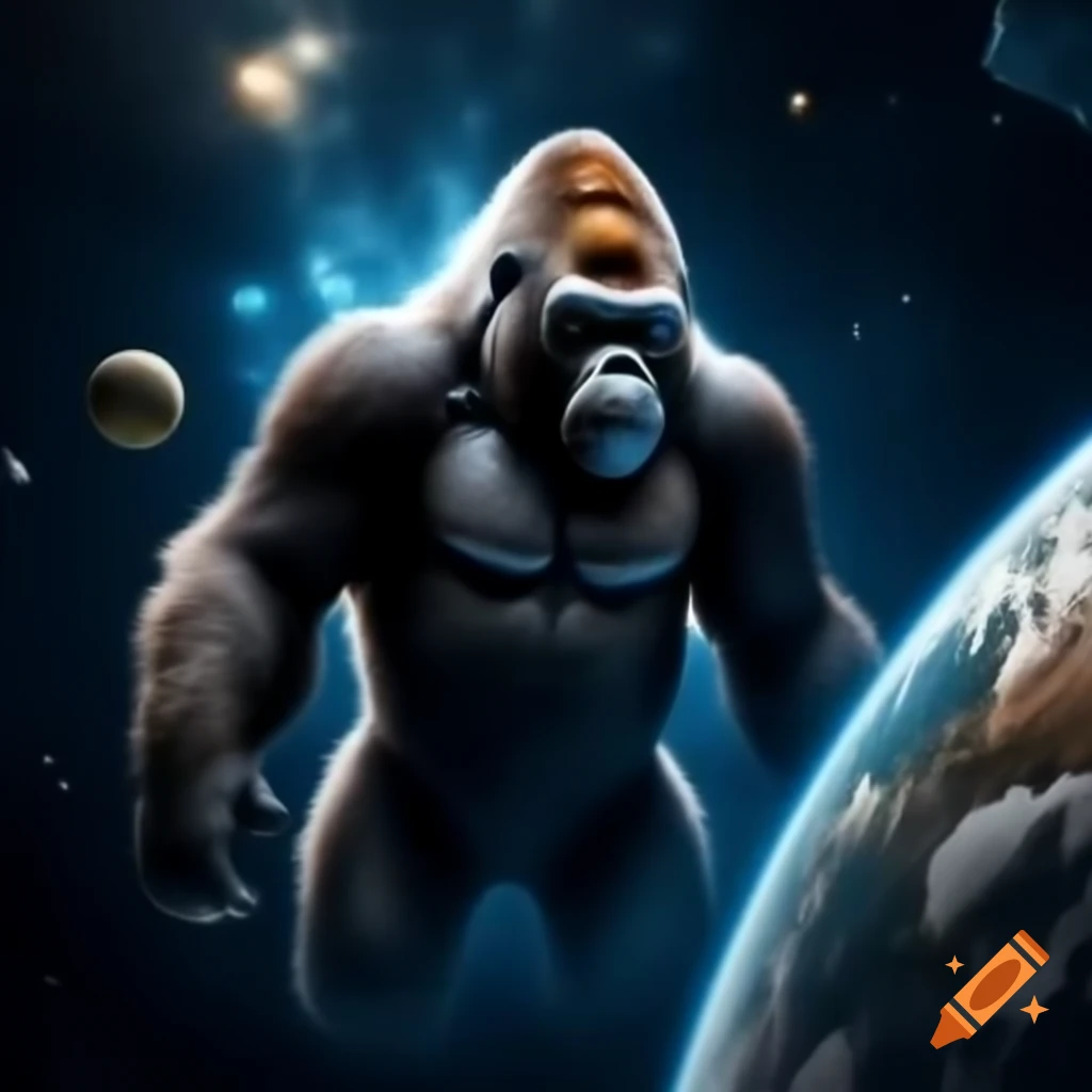 Gorilla in spacesuit exploring alien planet