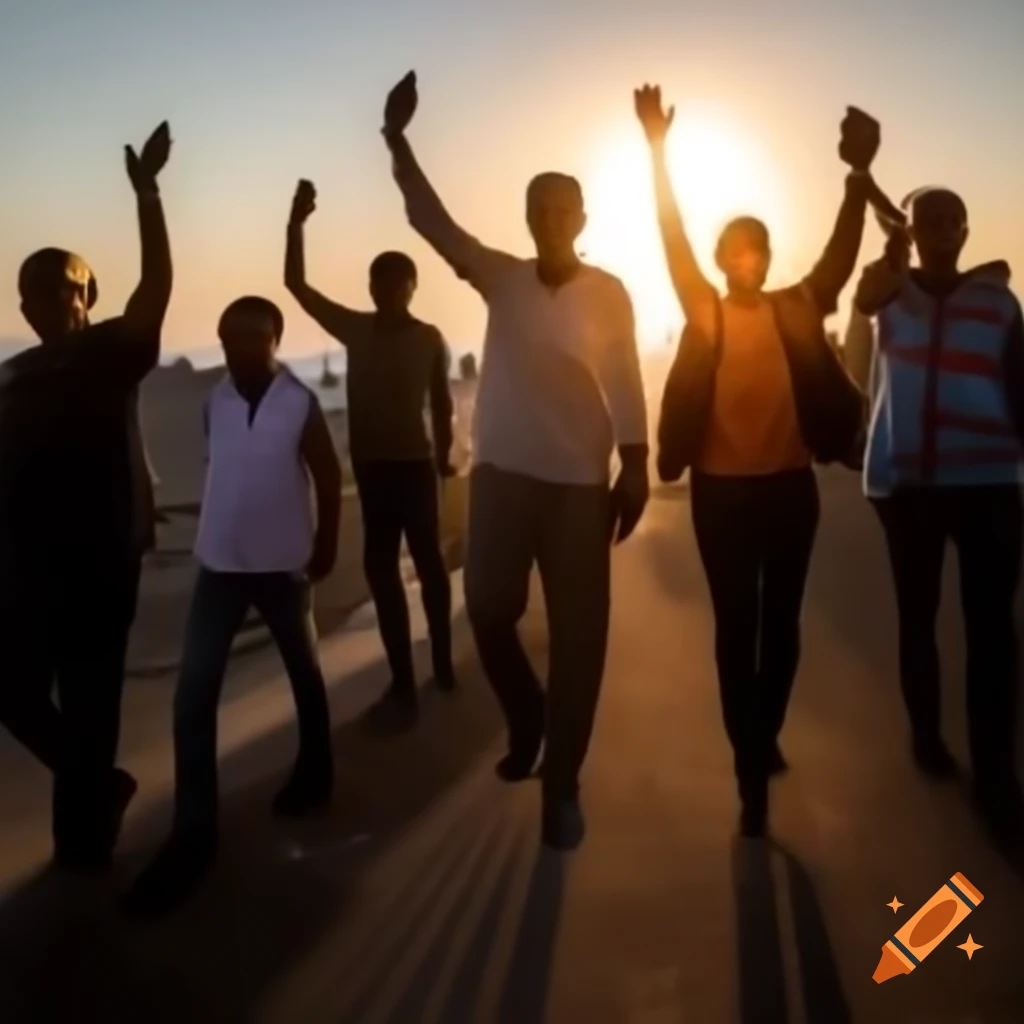 Diverse group of Mediterranean migrants walking together at sunset with hands raised in unity
