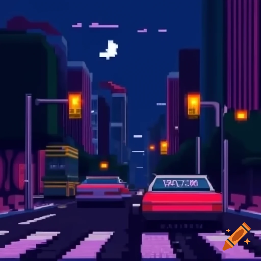 Pixel art of a car driving through a city at night