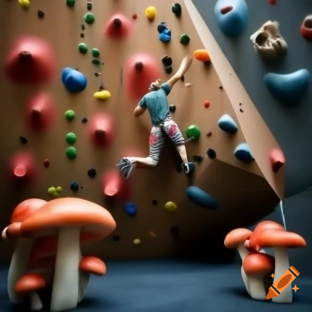 Climbing gym adorned with various types of mushrooms