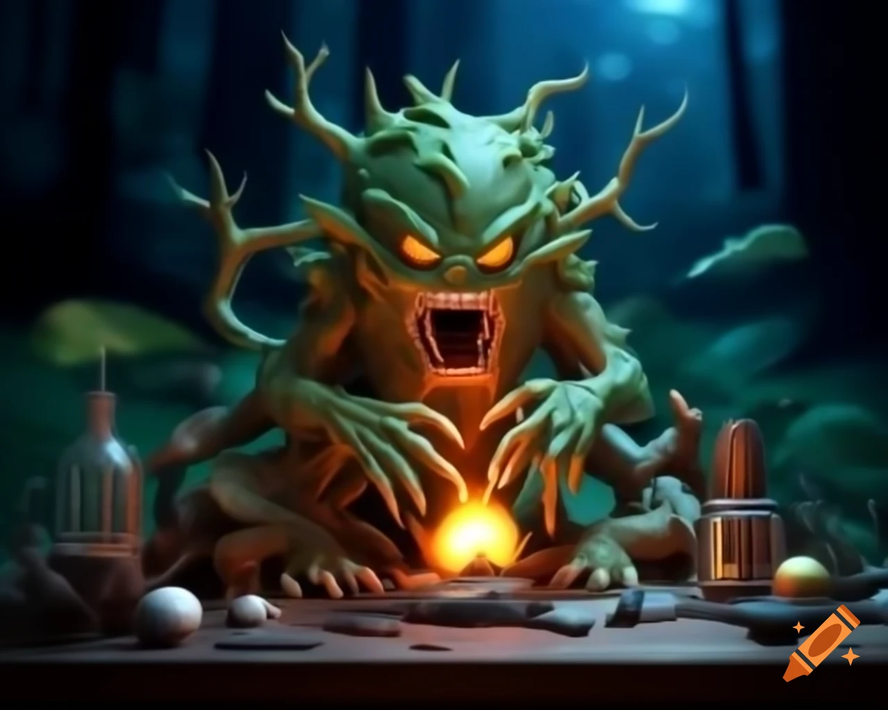 Hyper-realistic 3D tree monster with human-like teeth and fangs on wooden table surrounded by gluttony props and an orb in dark woods