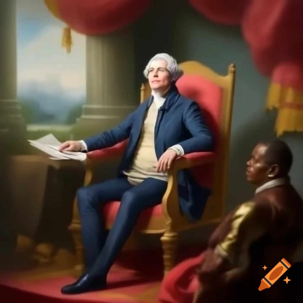 Illustration of historical figure George Washington on a throne with historical context