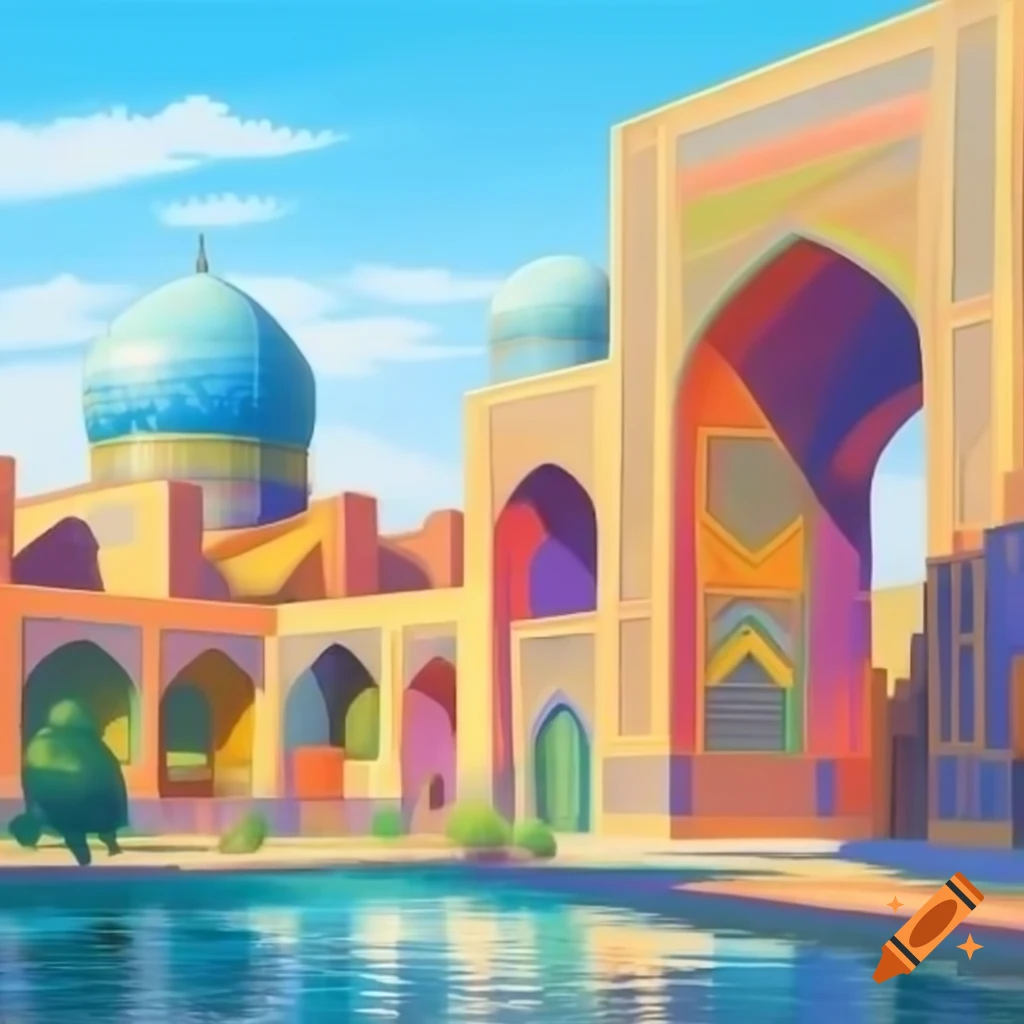 Watercolor painting of Persian arches and domes with a flower garden