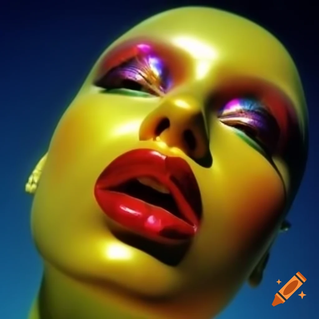 Iridescent yellow glass statue in pop surreal 2000's photography style