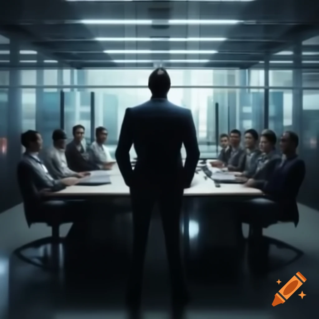 Business team in meeting room with AI-generated dashboard displaying various industries