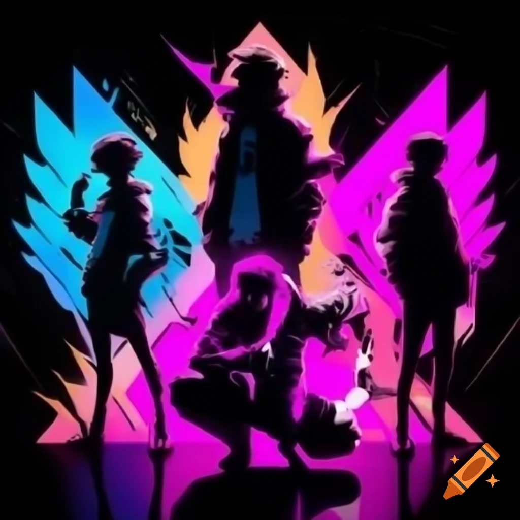 Dynamic logo with silhouettes of anime characters in expressive poses