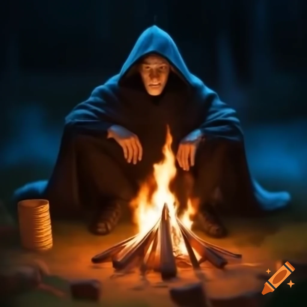 Mysterious man in black cloak by campfire with sinister smile
