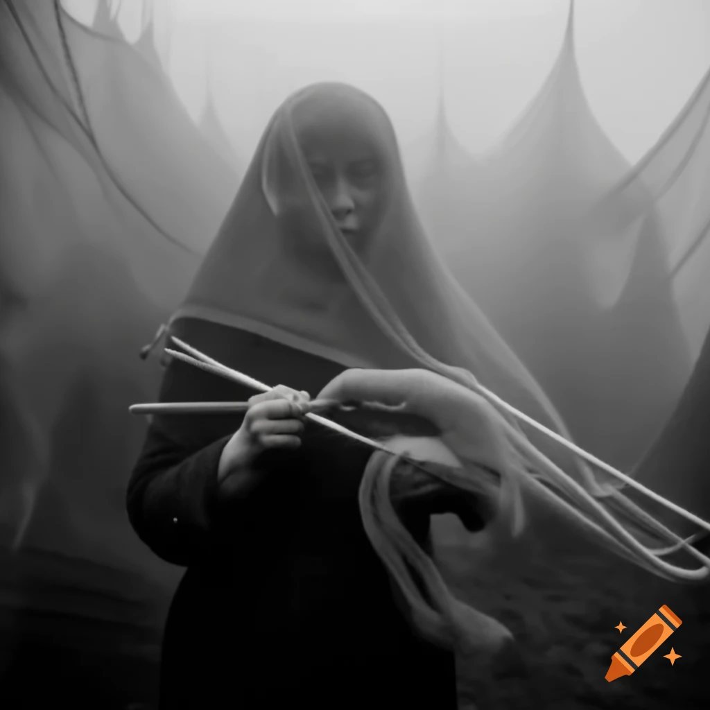 Woman knitting intricate shapes from swirling fog