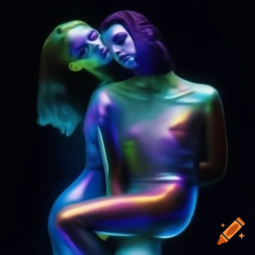 Pop surreal photography featuring iridescent glass statue and psychedelic couple