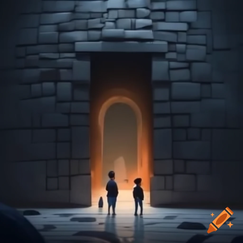 Children queuing by stone portal in massive wall leading to pitch black space